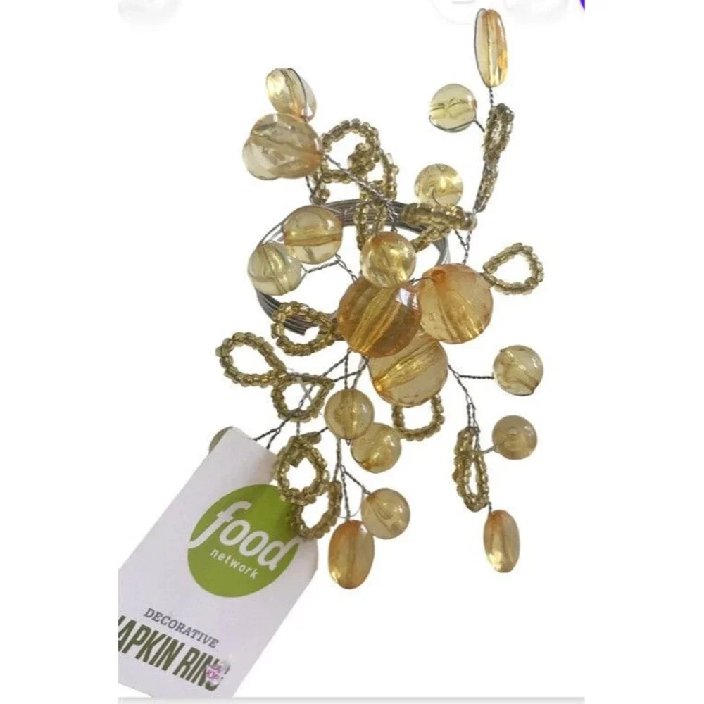 Food Network Napkin Rings Set Of 2 Thanksgiving Amber Gold Beaded Spray Silver